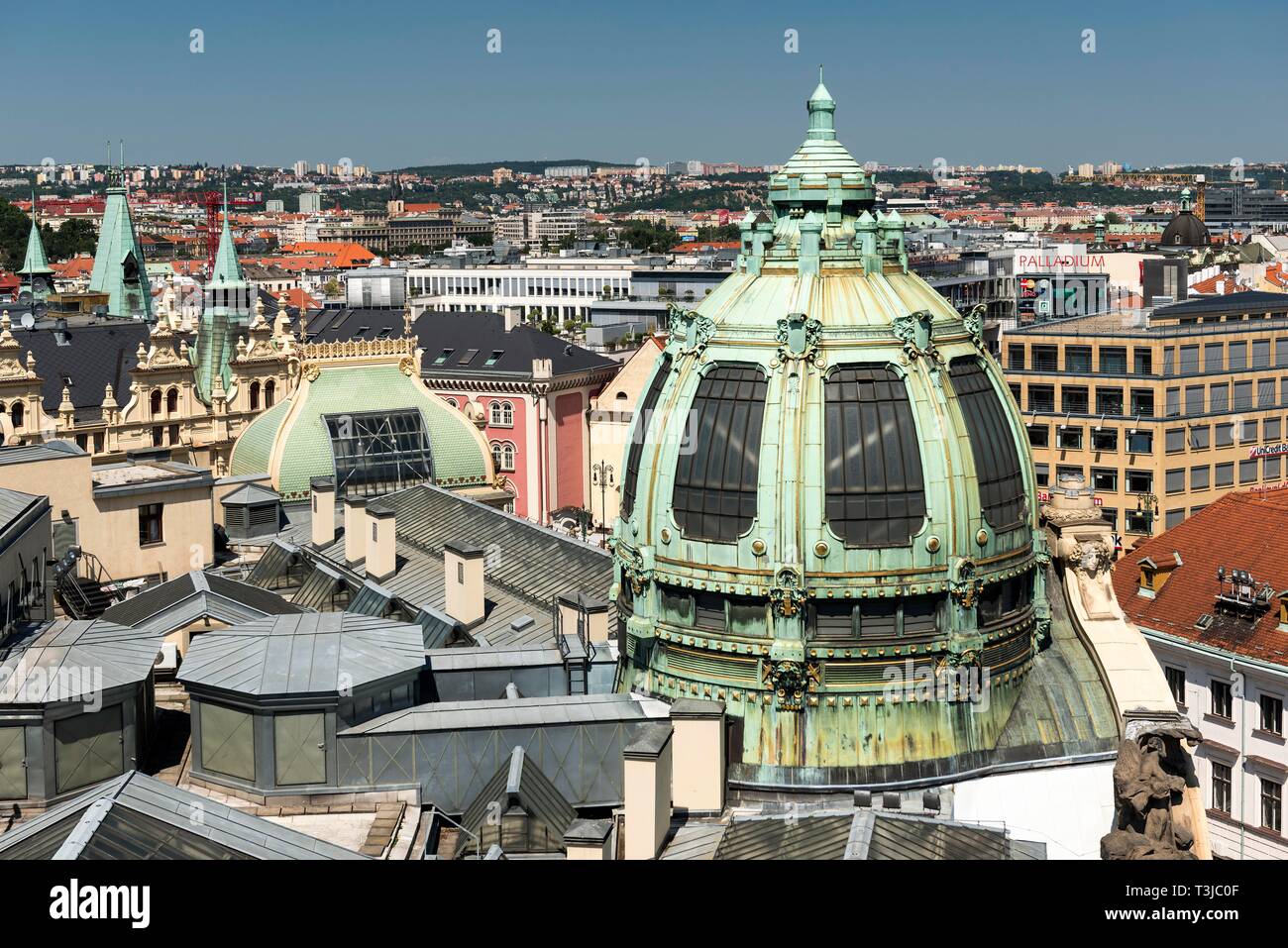 View from the powder tower over the roofs, dome of the town hall or representative house, Obecni Dum, Czech Republic, Bohemia, Prague, Czech Republic Stock Photo