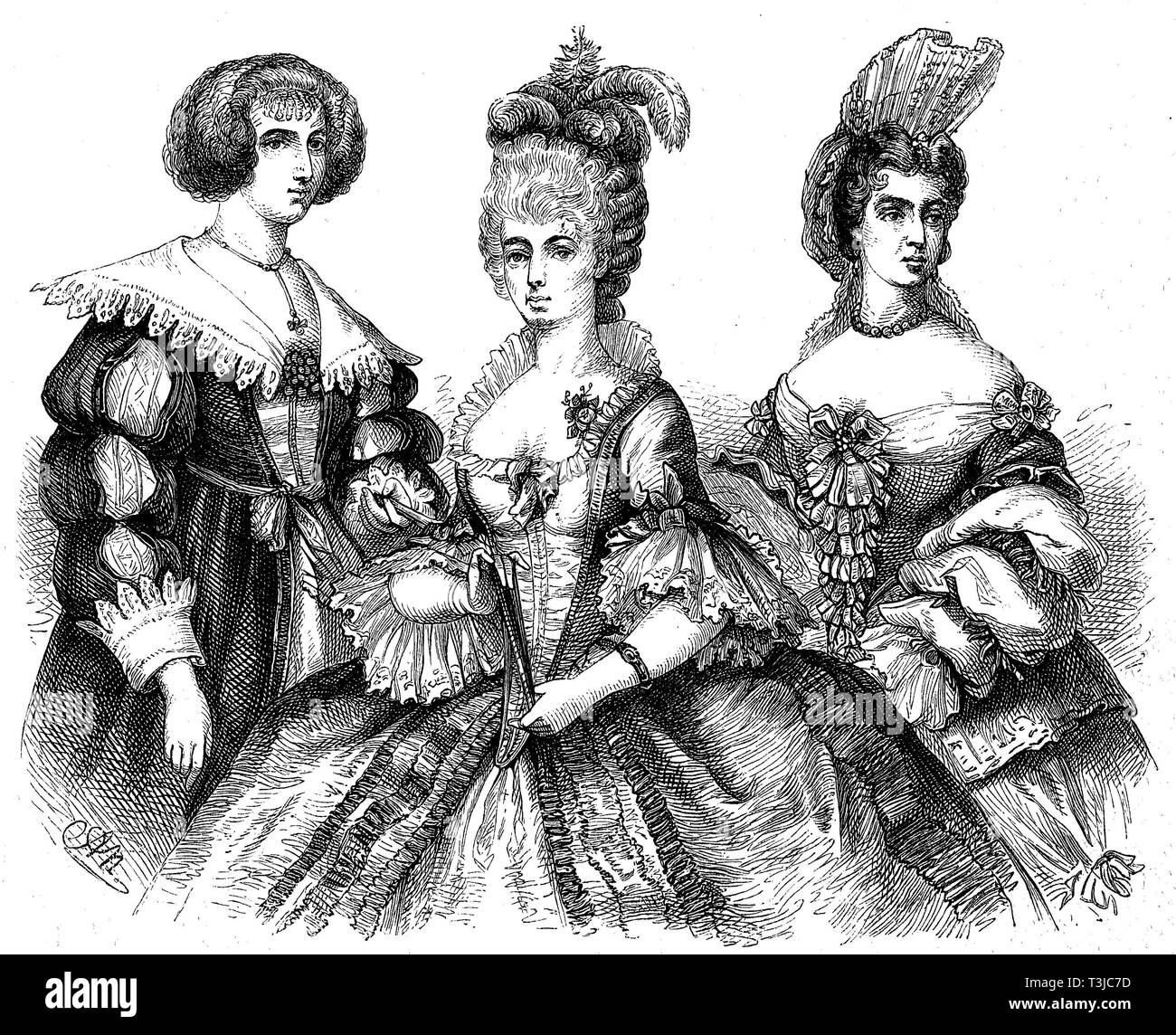 German women's costumes, at the time of the 30 year war, the Rococo and the time of Louis XIV, historical illustration, 1880, Germany Stock Photo