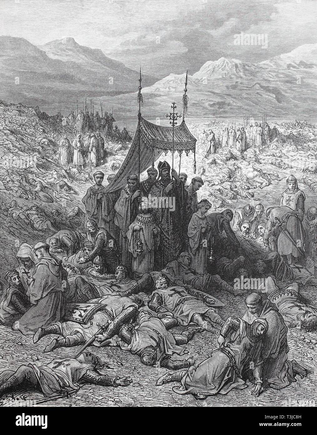 The Siege of Antioch during the First Crusade in 1097 and 1098, burial of the dead soldiers after the battle, historical illustration, 1880, Germany Stock Photo