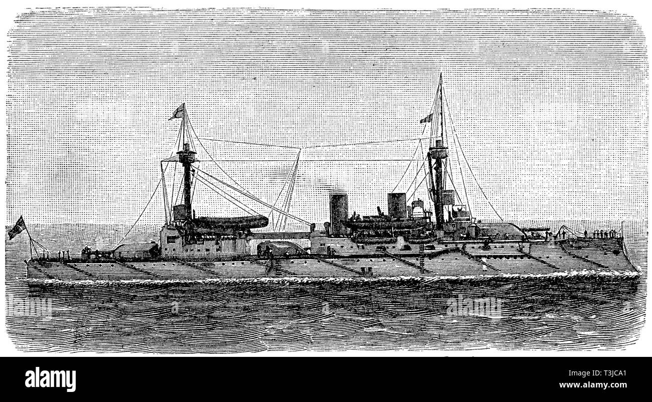 Ocean-going armoured ship Brandenburg, historical illustration, 1880, Germany Stock Photo
