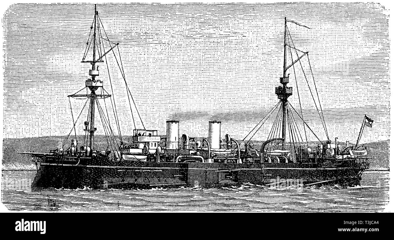 Armoured Austrian casemate ship Tegetthoff, historical illustration, 1880, Austria Stock Photo