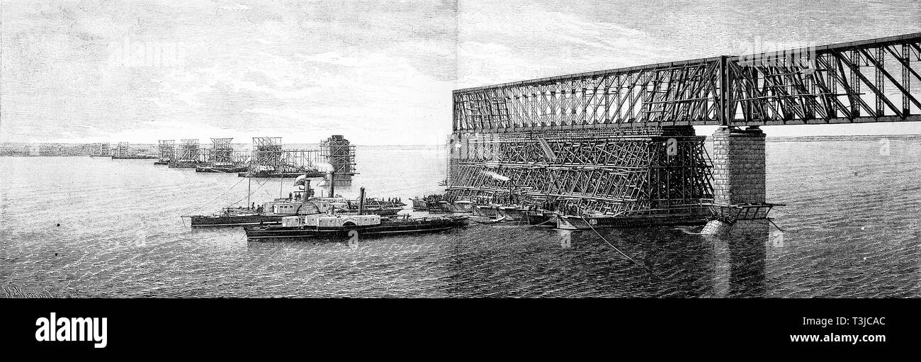 Construction of the new bridge between Sysran and Samara over the Volga, historical illustration, 1880, Russia Stock Photo
