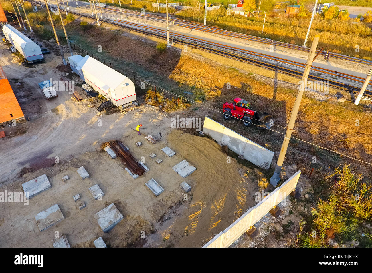 Construction of a transformer substation near the railway Stock Photo