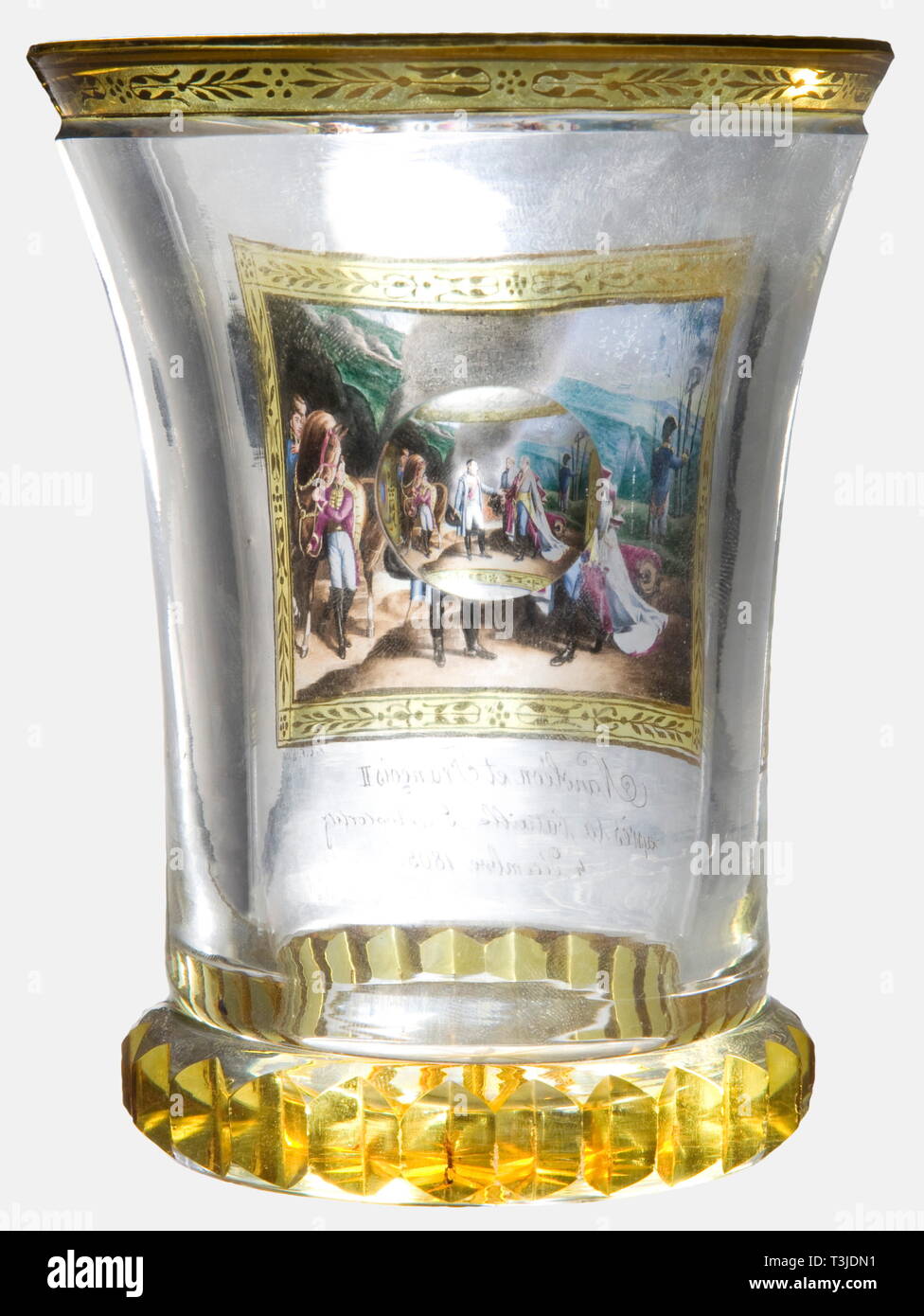 Napoleon and Francois II after the Battle of Austerlitz, a Viennese glass beaker, Fürchtegott Leberecht Fischer, circa 1900 Crystal glass flashed with yellow coloured glass in places and golden decoration. The front bears a transparent enamel painting showing the meeting between Napoleon and the Austrian Emperor Franz II on 4 December 1805 at Nasiedlowitz, signed, 'F.L.F. pinx' at the lower left above the title and date, '4 décembre 1805.' A circular lens ground on the back, and a protuding serrated 'cogwheel' base ring as well as a star ground i, Additional-Rights-Clearance-Info-Not-Available Stock Photo