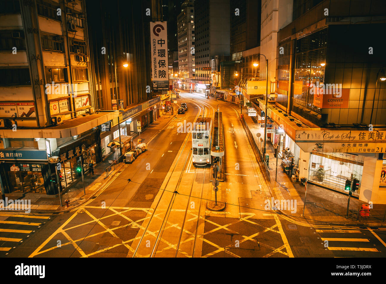 Night road at Central district Hong Kong city street view with traditional style tram public transport.,24 November 2017, Hongkong. Stock Photo
