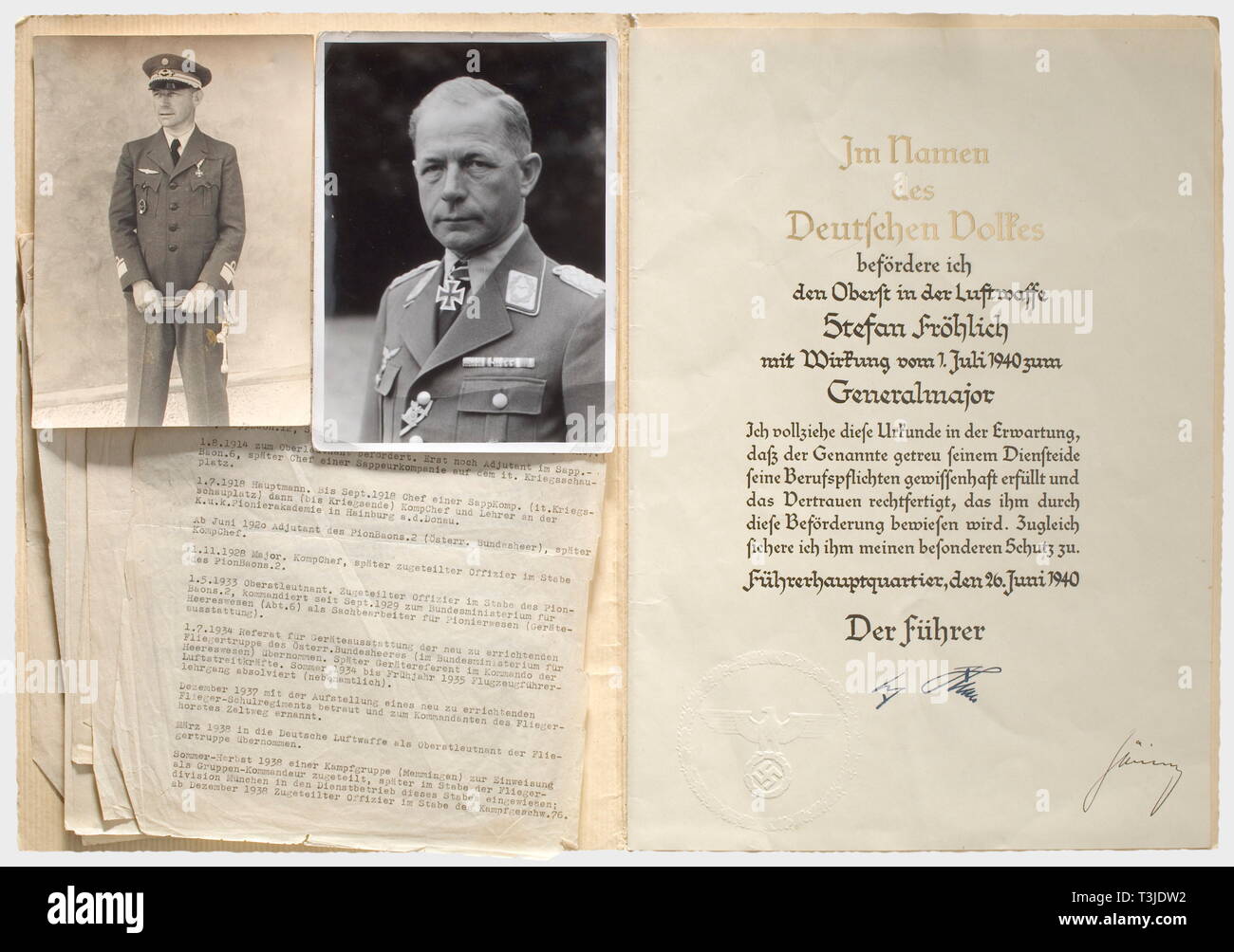 General der Flieger Stefan Fröhlich (1889 - 1978), his 1940 certificate for his promotion to the rank of Generalmajor and a photo album Gold-stamped, printed, and calligraphically embellished double sheet with Hitler's facsimile signature, Görings ink signature, and blind-stamped seal, people, 1930s, 20th century, Air Force, branch of service, branches of service, armed service, armed services, military, militaria, air forces, object, objects, stills, clipping, clippings, cut out, cut-out, cut-outs, document, documents, man, men, male, Editorial-Use-Only Stock Photo