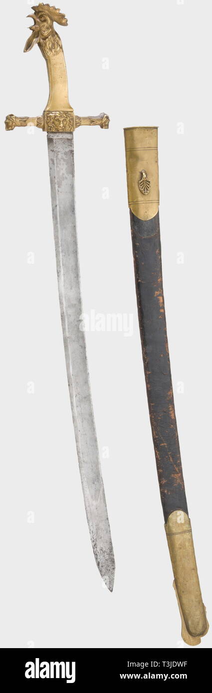 A sabre for a sapper, France, circa 1820 Slightly curved, single-edged blade (somewhat pitted and stained) with fullers on both sides, a double-edged point, and a 'CF.' for Coulaux Frères and an 'S' with star (Inspector F.C. Schmidt?) stamped on the ricasso. Two-piece brass hilt with a rooster head pommel and lion head masks and quillon finials. A '3' and 'GV' are stamped on the smooth grip. Black leather scabbard with brass mountings (locket loose). Length 92 cm. Blade length 73.5 cm. historic, historical, 19th century, thrusting, thrustings, bl, Additional-Rights-Clearance-Info-Not-Available Stock Photo