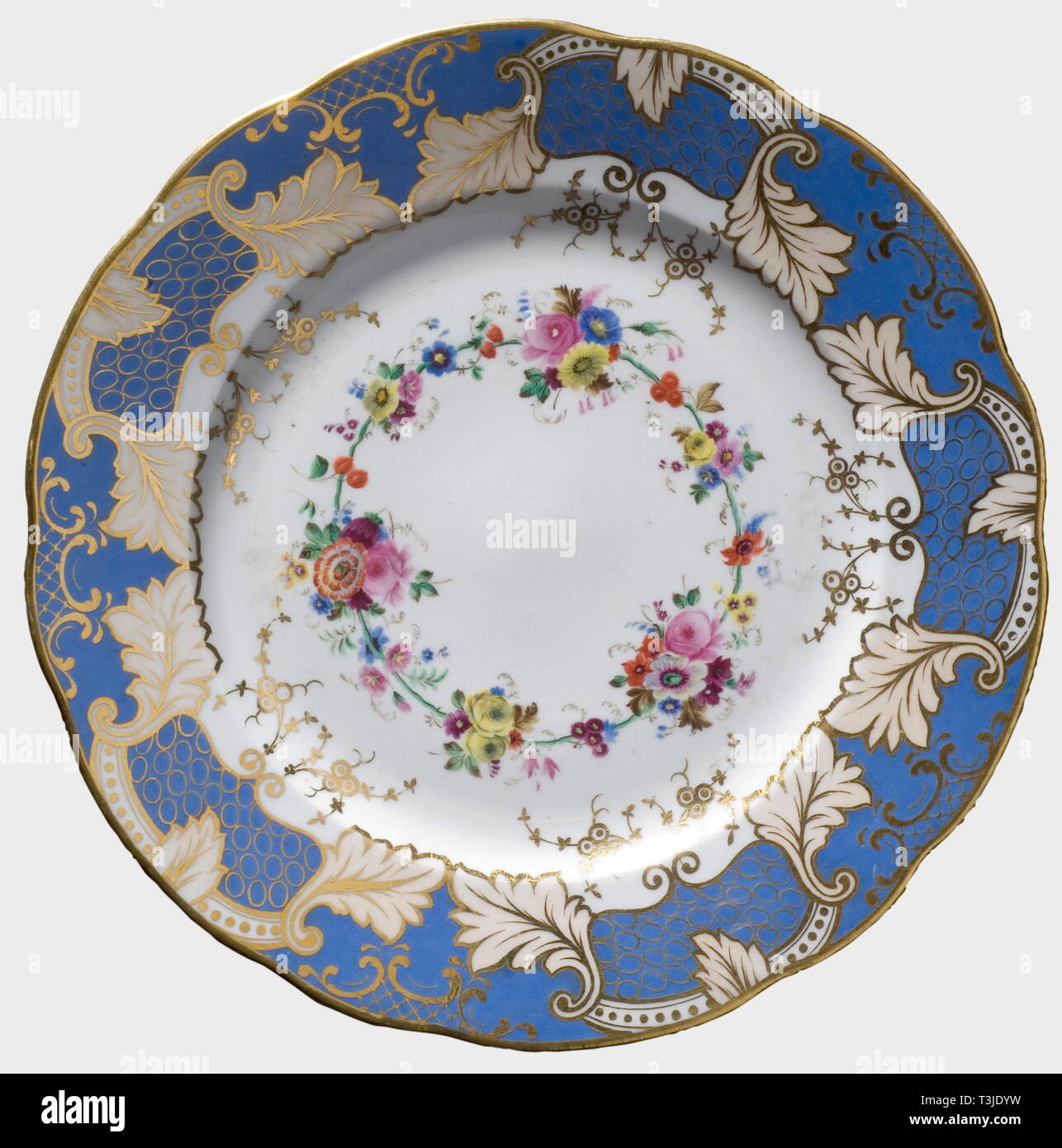 Two plates from the dowry, Imperial Russian Porcelain Manufactory St. Petersburg White, glazed porcelain, the light blue border with golden cartouches and leaves decoration, in the centre hand-painted flower décor. On the bottom steel blue underglaze mark "N I" of the Imperial Manufactory St. Petersburg, one plate with the monogram "R". Diameter 25 cm. In addition one original protective cover made of light rose-coloured velvet. This service was a present of her father Tsar Nikolas I and part of her dowry. Of excellent preservation and workmanshi, Additional-Rights-Clearance-Info-Not-Available Stock Photo
