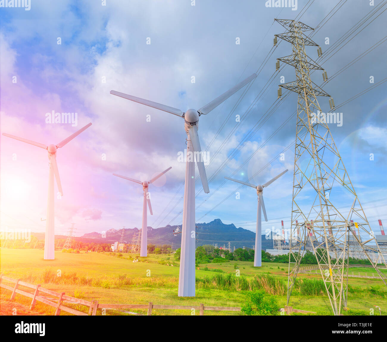 wind turbine replace old coal power plant with high voltage electricity