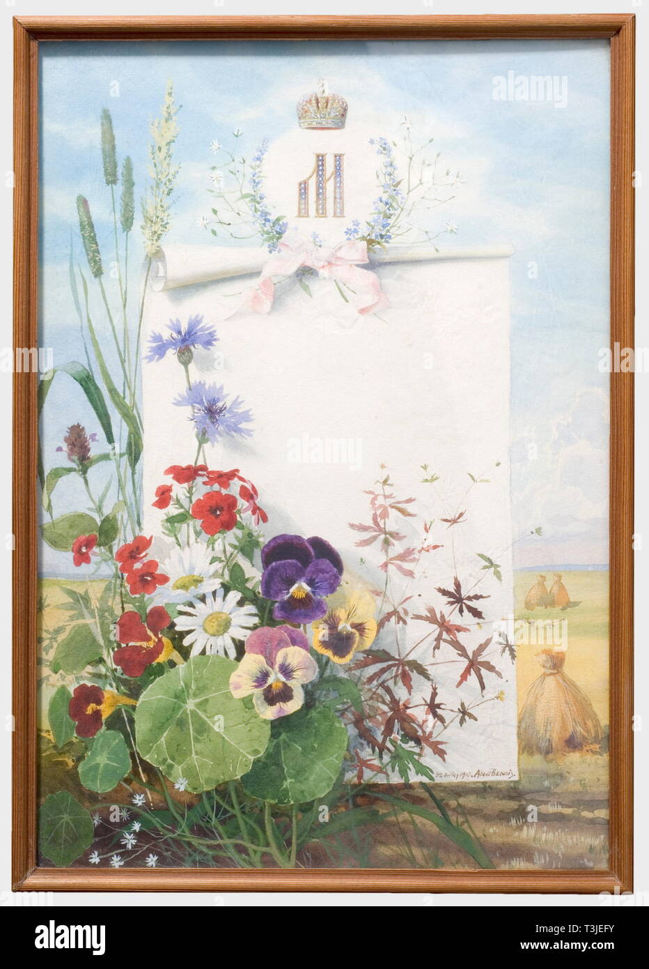 Albert Nikolaevich Benois (1852 - 1936), a menu card for Maria Feodorovna (1847 - 1928), dated 1902 Watercolour on paper, gold trim cardboard. Elaborately painted summer flowers, in the background hay huts in the field. Blank menu card, the upper section emblazoned with the Cyrillic character 'M' under a Russian grand duke's crown. Signed and dated '22 Juillet 1902 Albert Benois'. Dimensions 38.5 x 27 cm. Under glass, wood frame, on the verso collection number and old Russian stamp. Albert Benois, one of the most renowned Russian watercolourists,, Additional-Rights-Clearance-Info-Not-Available Stock Photo