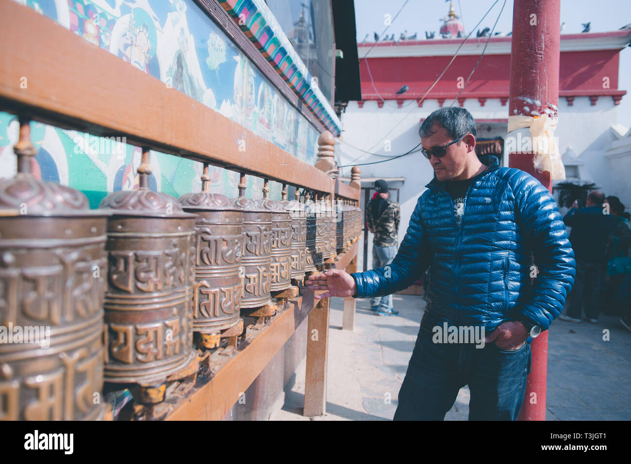 Kathmandu, Nepal. 30th Jan, 2019. Lhakpa Gelu Sherpa, 52-year-old mountain  guide from Nepal, turns prayer wheels at the Buddhist monastery. 16 years  ago he climbed Mount Everest in ten hours and 56