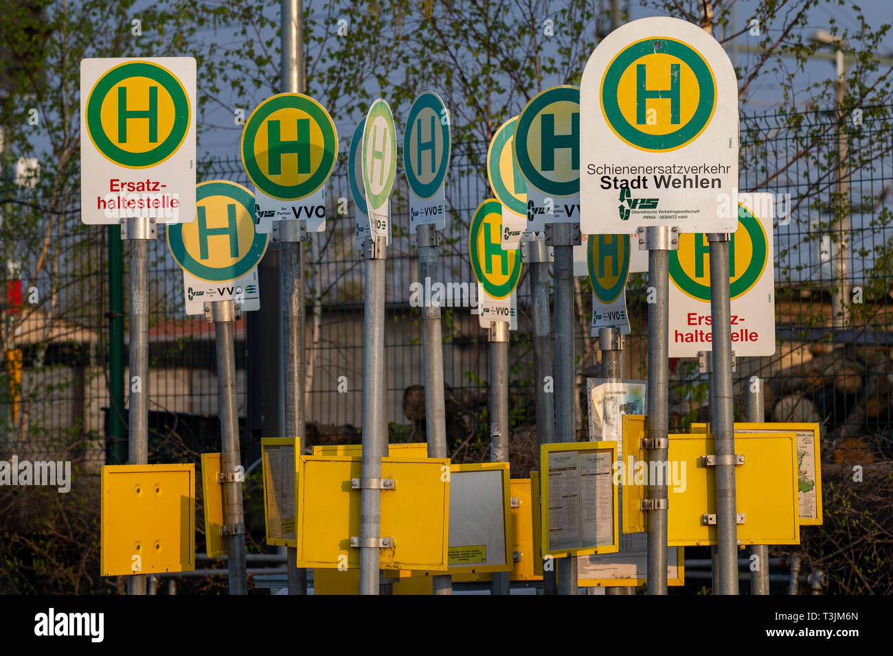 Pirna, Germany. 10th Apr, 2019. On the premises of the OVPS (Oberelbische Verkehrsgesellschaft Pirna-Sebnitz) there are signs for bus stops with the inscription "Ersatzhaltestelle" or "Schienenersatzverkehr Stadt Wehlen". These are set up when stops cannot be reached in the event of malfunctions or construction work. Credit: Daniel Schäfer/dpa/Alamy Live News Stock Photo