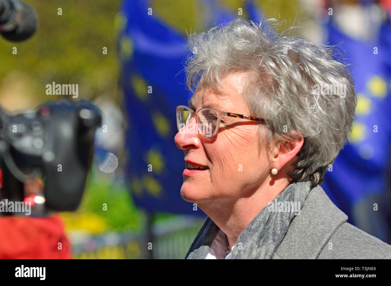 Westminster, London, UK. 10th April 2019. Chair of the Vote Leave campaign, Gisela Stuart - former Labour MP - interviewed by German television on College Green, Westminster Credit: PjrNews/Alamy Live News Stock Photo