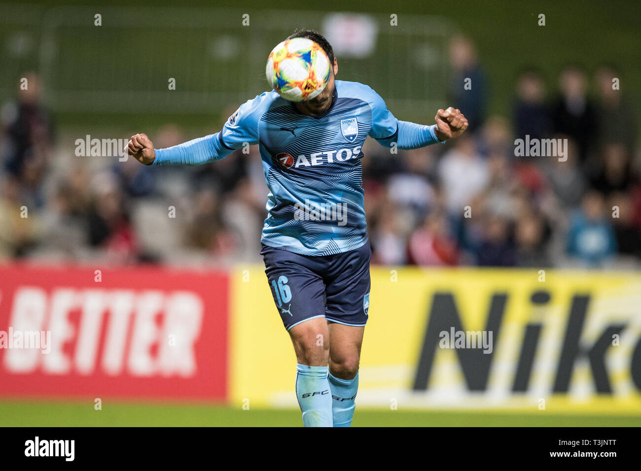 Kogarah, Australia. 10th Apr, 2019. Reza Ghoochannejhad of Sydney FC heads the ball goal bound during the AFC Champions League Group H match between Sydney FC and Shanghai SIPG at Jubilee Stadium, Kogarah, Australia on 10 April 2019. Photo by Peter Dovgan.  Editorial use only, license required for commercial use. No use in betting, games or a single club/league/player publications. Credit: UK Sports Pics Ltd/Alamy Live News Stock Photo