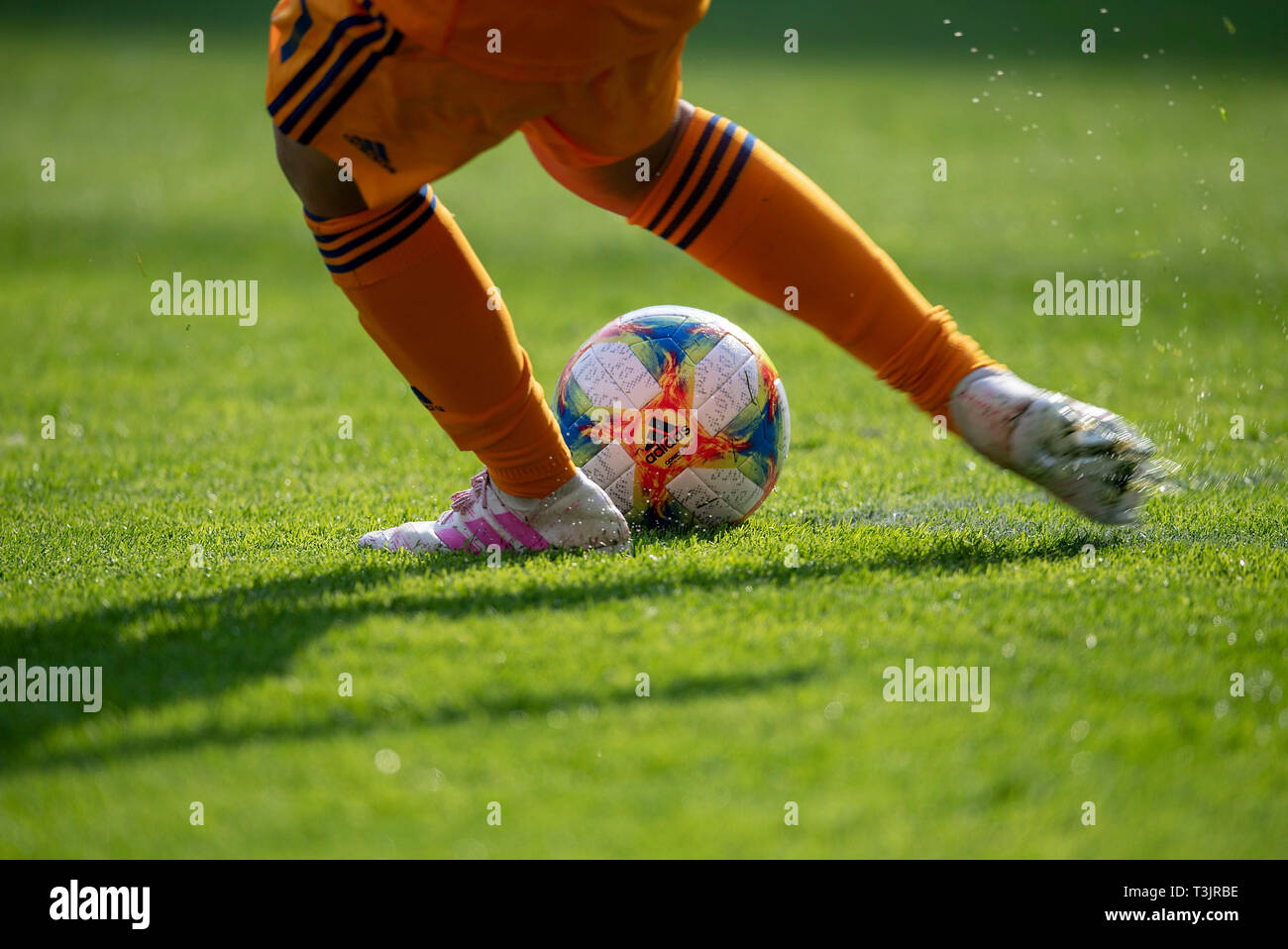Paderborn, Germany. 09th Apr, 2019. Women's Official Women's Football World  Cup 2019 in France, goalkeeper at the tee, legs, Adidas Conext Ball, shoes, football  boots with pink stripes. Soccer National Team Women