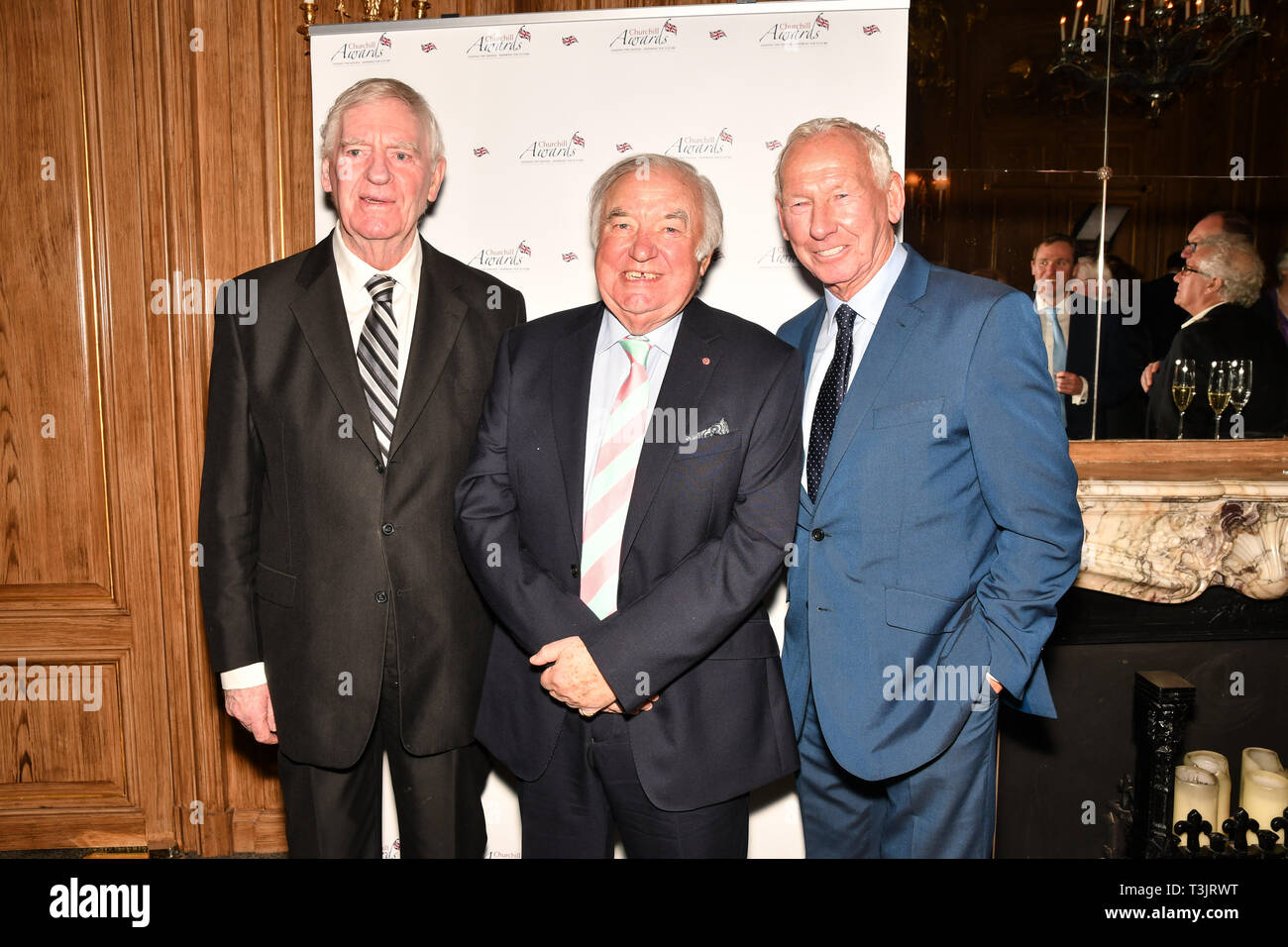 London, UK. 10th Apr, 2019. Lawrie McMenemy, Jimmy Tarbuck and Bob Wilson attend the 7th annual Churchill Awards honour achievements of the Over 65's at Claridge's Hotel on 10 March 2019, London, UK. Credit: Picture Capital/Alamy Live News Stock Photo