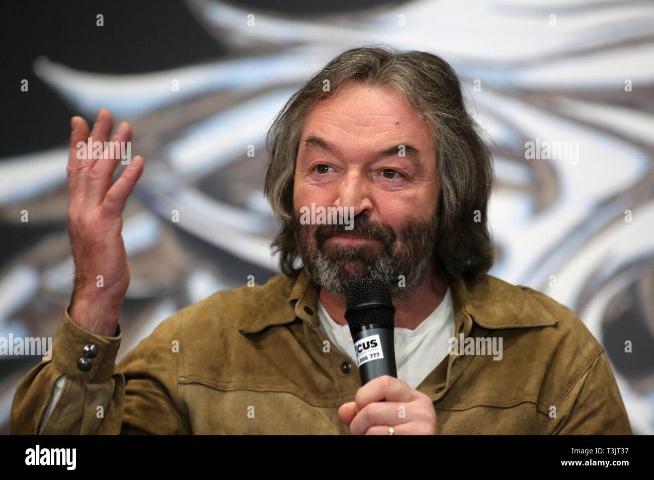 Belfast, UK. 10th Apr 2019. Ian Beattie, Northern Irish actor from Game of Thrones speaks to the media at the launch of Game Of Thrones Touring Exhibition in Belfast, Wednesday 10 April, 2019.The highly-anticipated exhibition will be open to the public from April 11th to the 1st of September 2019. Visitors can explore the settings and view authentic artefacts from a number of scenes. Credit: Paul McErlane/Alamy Live News Stock Photo