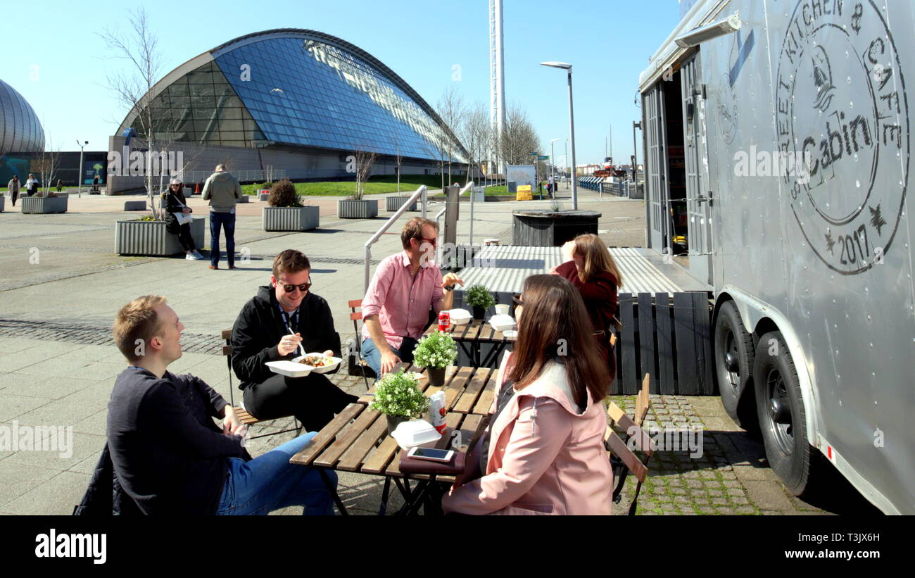 Glasgow, Scotland, UK, 10th April, 2019, UK Weather: Sunny summer day with bright sunshine and high temperatures in the city centre. Clydeside cabin cafe at the science centre. Credit Gerard Ferry/Alamy Live News Stock Photo