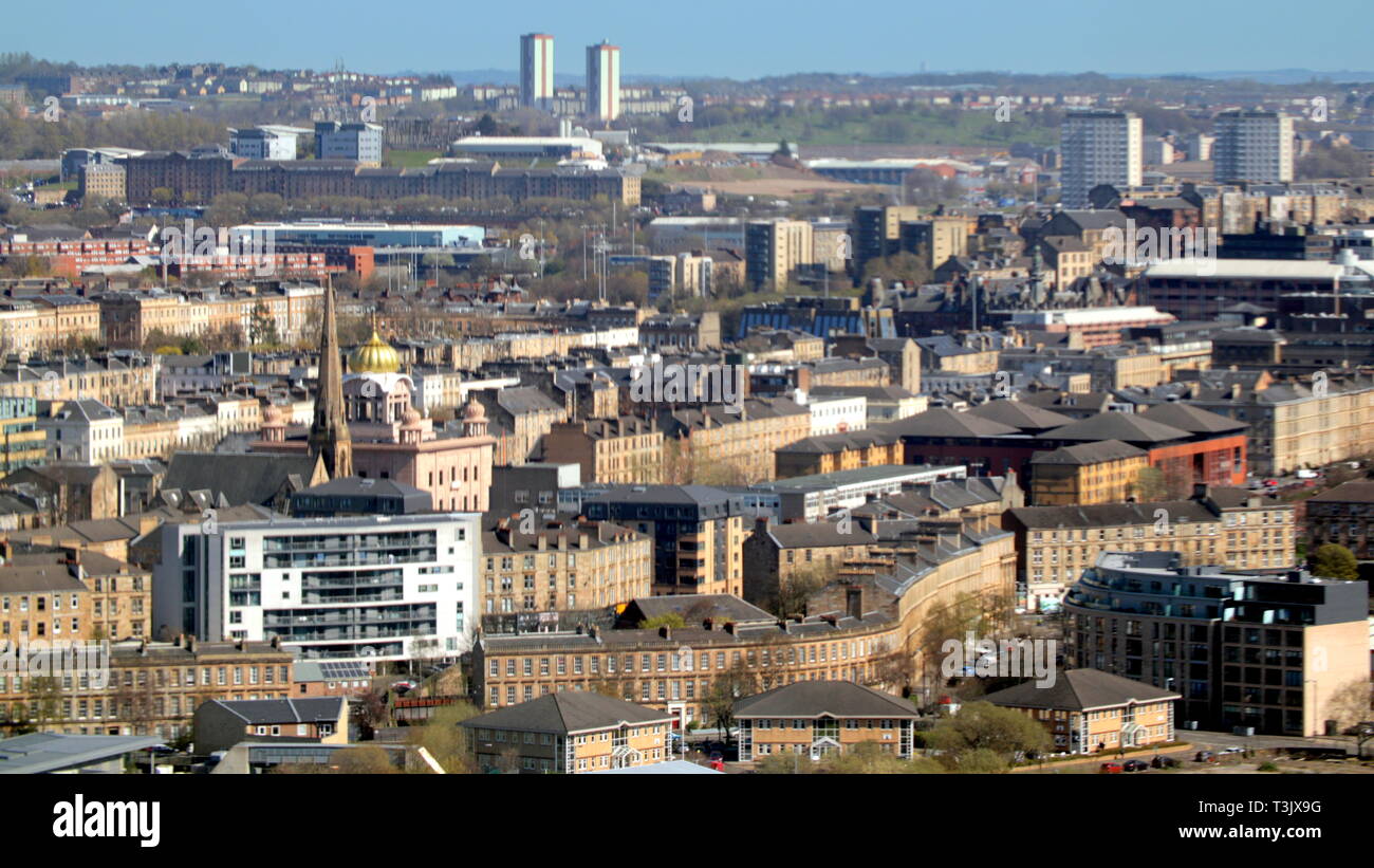 Glasgow, Scotland, UK, 10th April, 2019, UK Weather: Sunny summer day with bright sunshine and high temperatures in the city centre Cityscape of the fine victorian and modern architecture contrast.  bathed in sun.. Credit Gerard Ferry/Alamy Live News Stock Photo