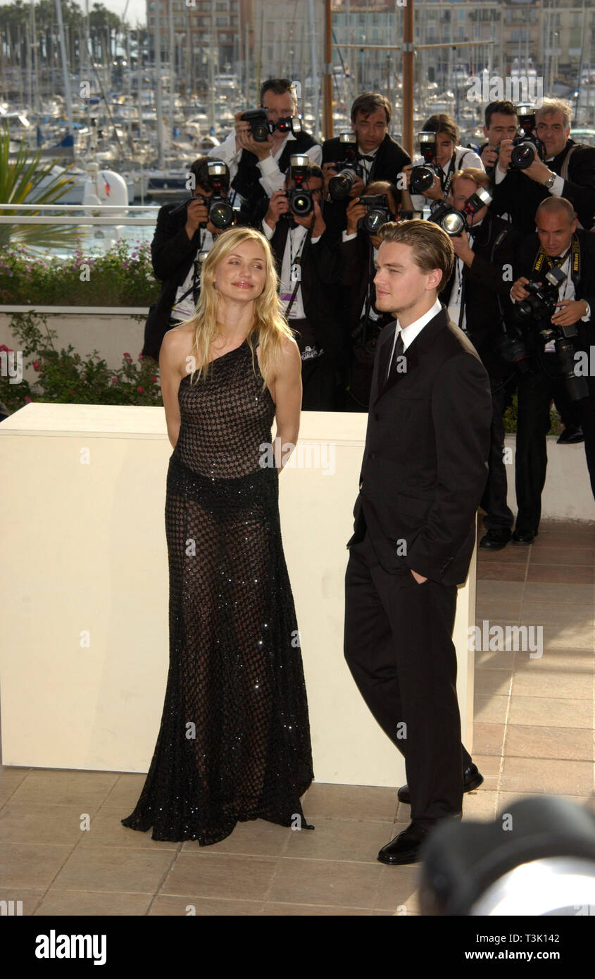 CANNES, FRANCE. May 20, 2002: Actor LEONARDO DiCAPRIO & actress CAMERON DIAZ at the Cannes Film Festival to promote their new movie Gangs of New York. © Paul Smith / Featureflash Stock Photo