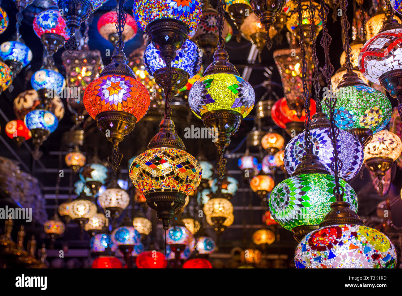 Traditional Turkish Light Lamps  - Colorful Shot from Dubai Spice Souk, famous tourkish light, place to visit in dubai Ramadan Design Background Stock Photo