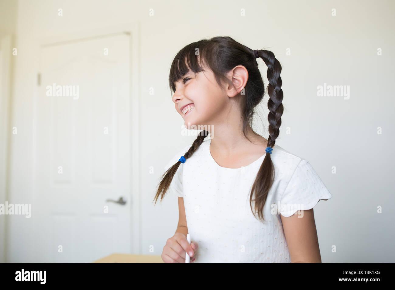 Happy Little Girl She Is 6 7 Years Old Stock Photo 243207736 Alamy