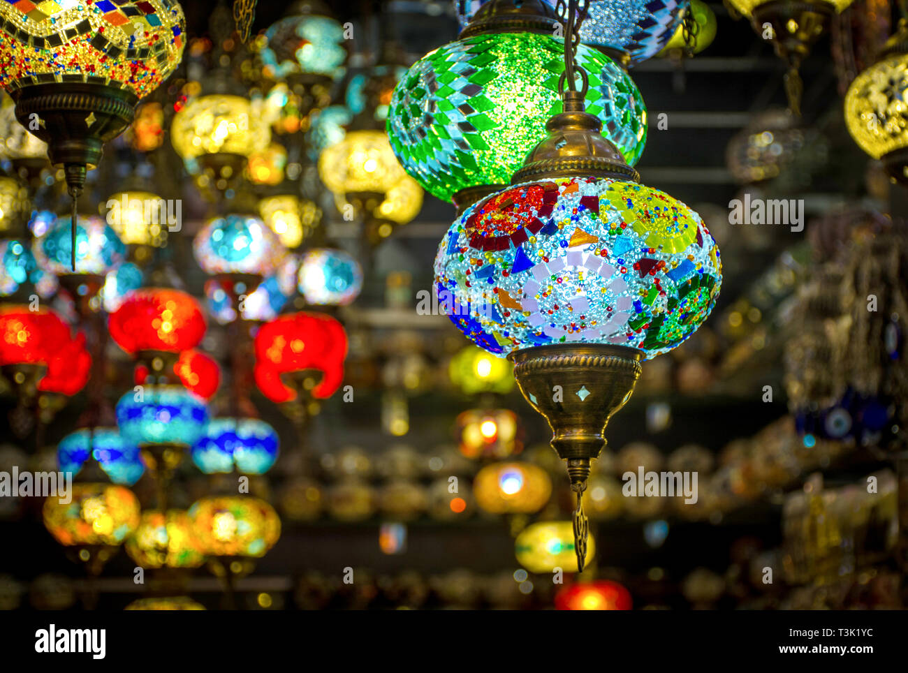Hanging Lamp shot from spice gold souk Place to visit in dubai Traditional Turkish Light Lamps Stock Photo