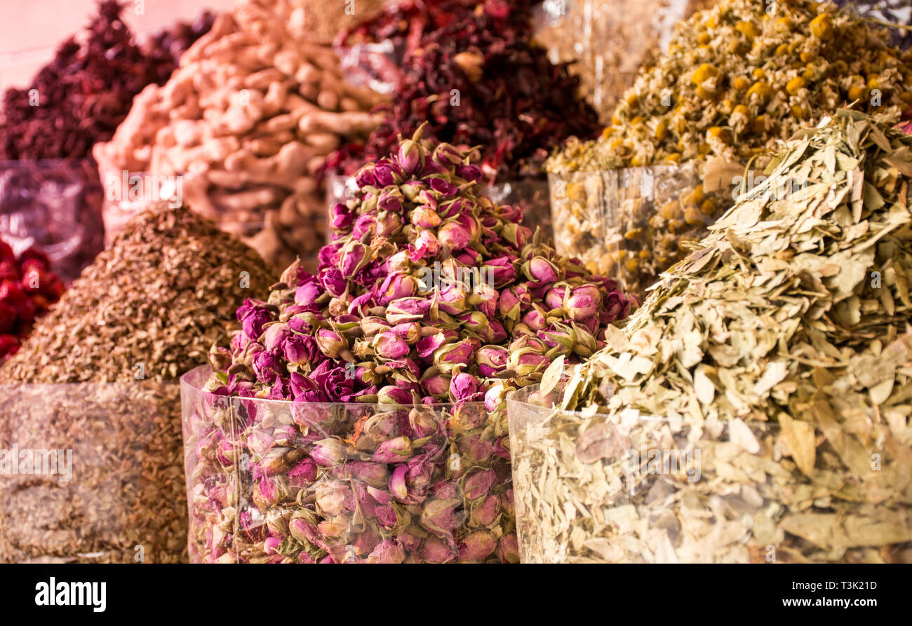 Colorful Spices in spice souk Dubai, all dried herbs nuts and flower spices collections Stock Photo