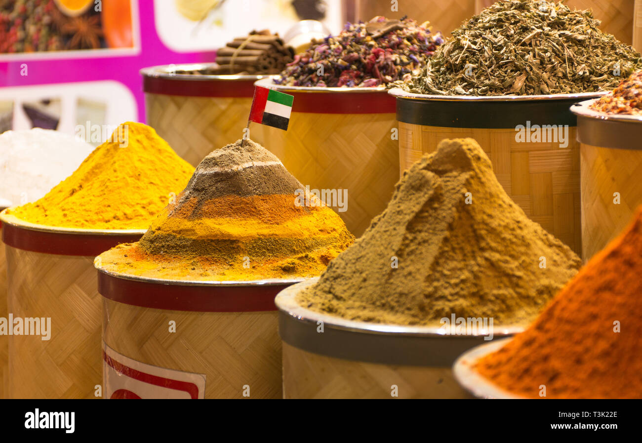Colorful Spices in Spice Bazaar Dubai, traditional market Stock Photo