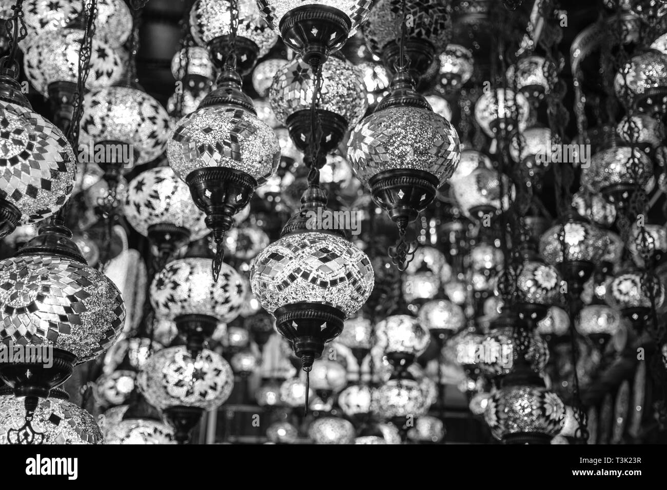 Traditional Turkish Hanging Light Lamp Black and white image Stock Photo