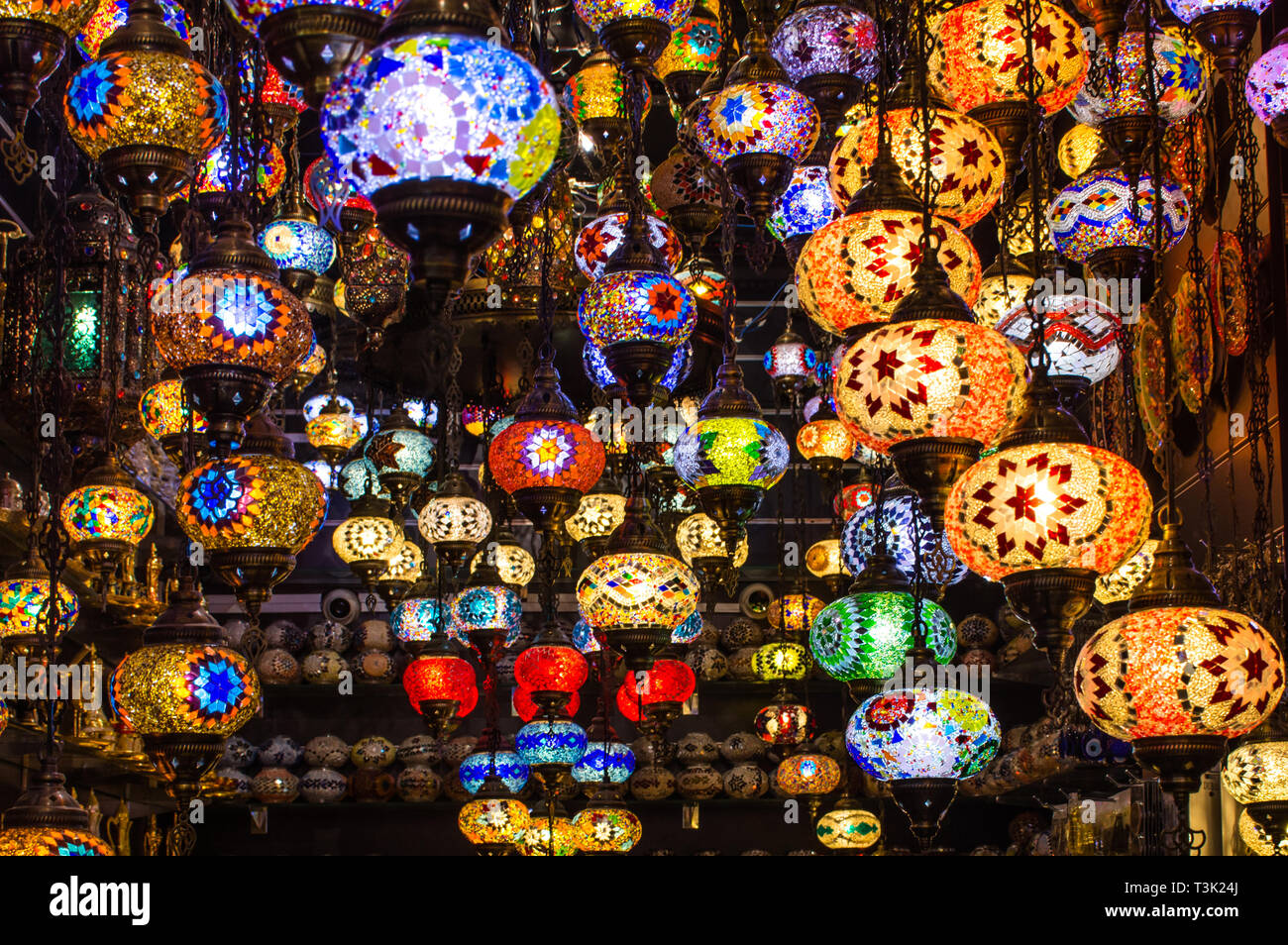 Traditional Turkish hanging lamps, Colorful Ramadan Eid Background Click from Dubai Gols and Sprice Souk famous tourist place Stock Photo