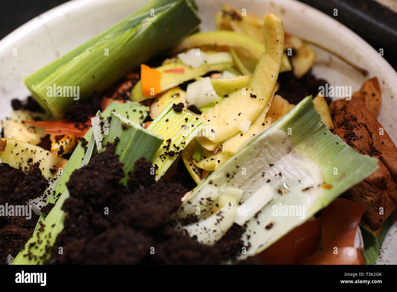 General views of food waste being collected for a brown food waste recycling box in a home in Southampton, Hampshire, UK. Stock Photo