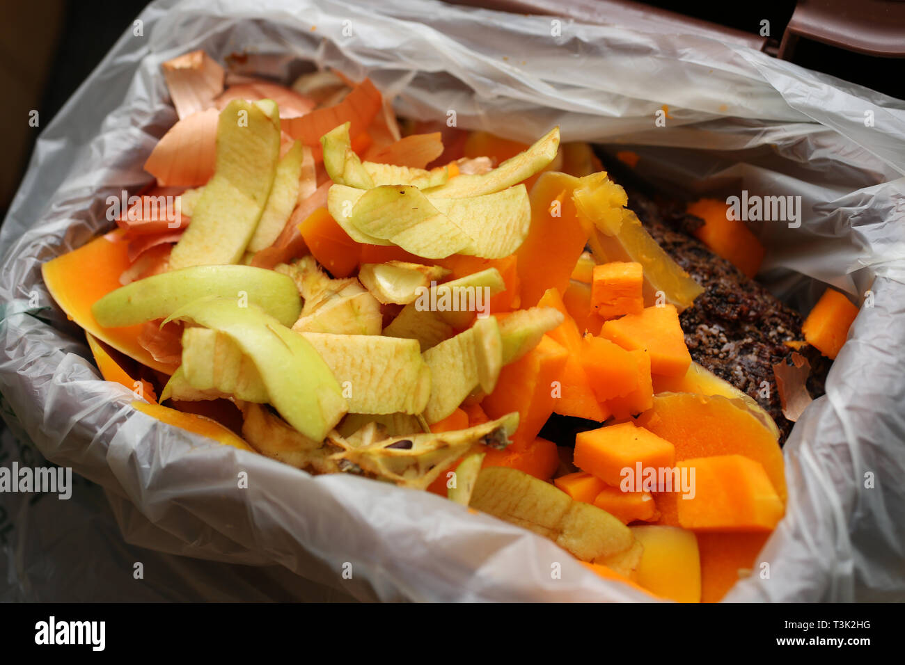 General views of food waste being collected for a brown food waste recycling box in a home in Southampton, Hampshire, UK. Stock Photo