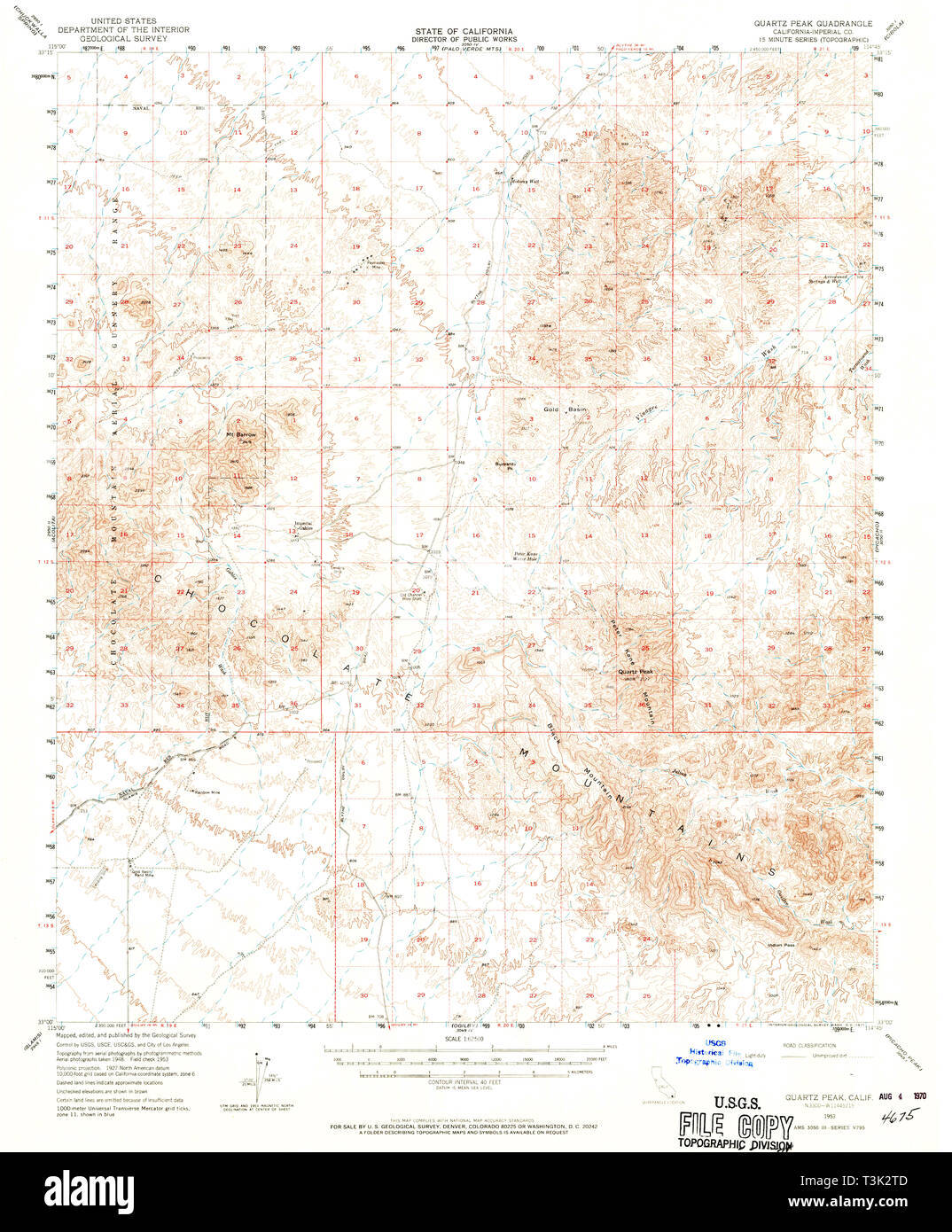 USGS TOPO Map California CA Quartz Peak 298694 1953 62500 Restoration Stock Photo