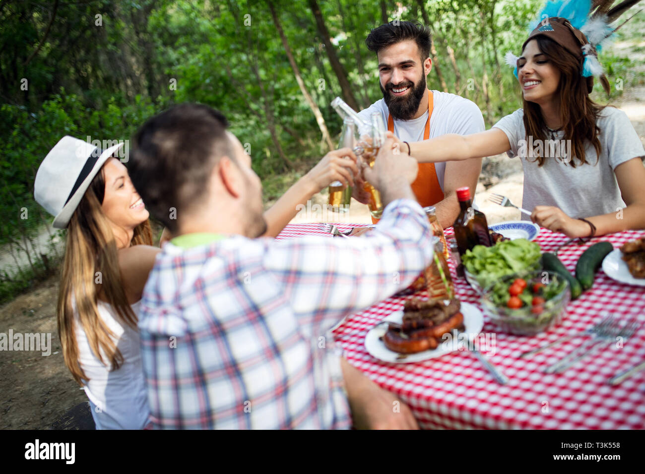 Group of friends having a barbecue party in nature Stock Photo - Alamy