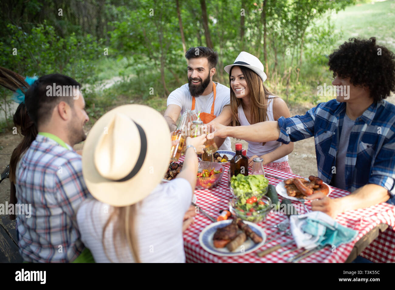 Group of friends having a barbecue party in nature Stock Photo - Alamy