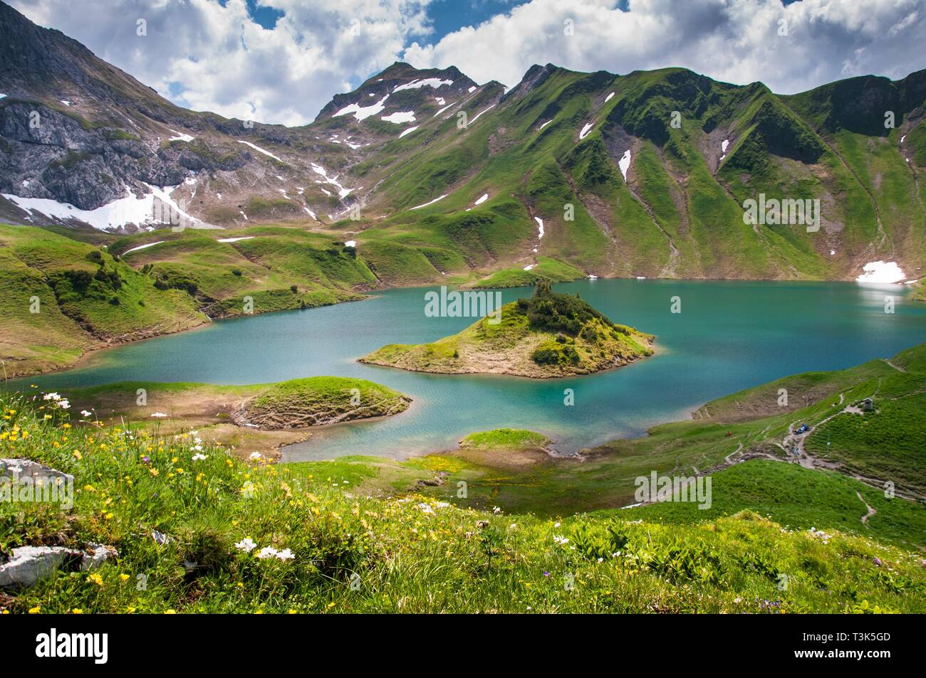 Schrecksee in the Allgau, in the background the Lahnerscharte and Lahnerkopf, Swabia, Bavaria, Germany, Europe Stock Photo