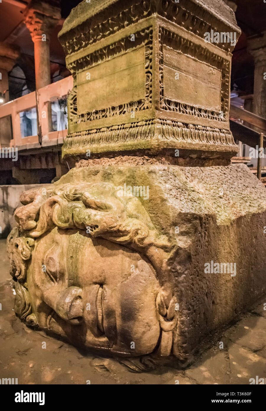 The Column with inverted Medusa head base in Basilica Cistern. Istanbul. Turkey Stock Photo