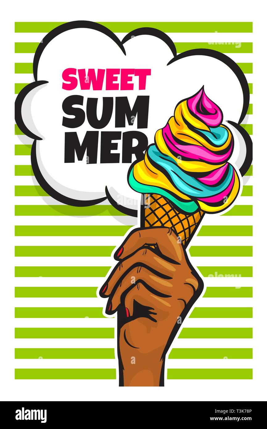 Black woman hand hold cone ice cream pop art Stock Vector