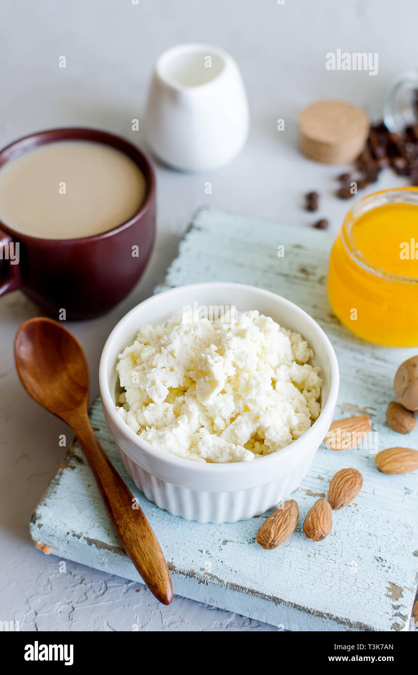 Healthy Breakfast With Cottage Cheese Or Ricotta With Almond Nuts