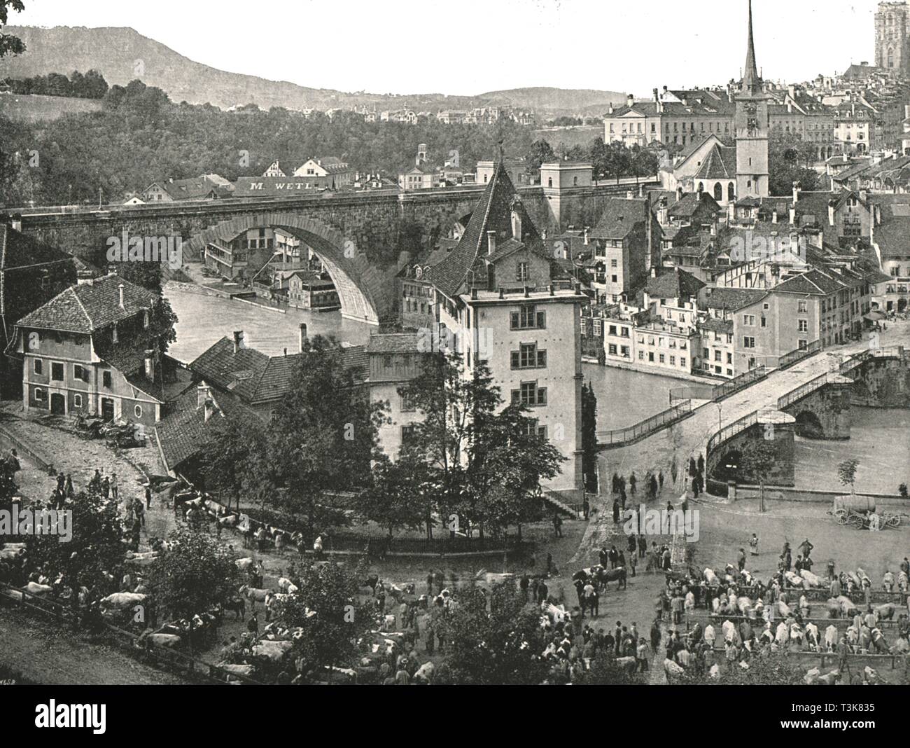 The Nydeggbrücke and cattle market, Bern, Switzerland, 1895. Creator: Unknown. Stock Photo