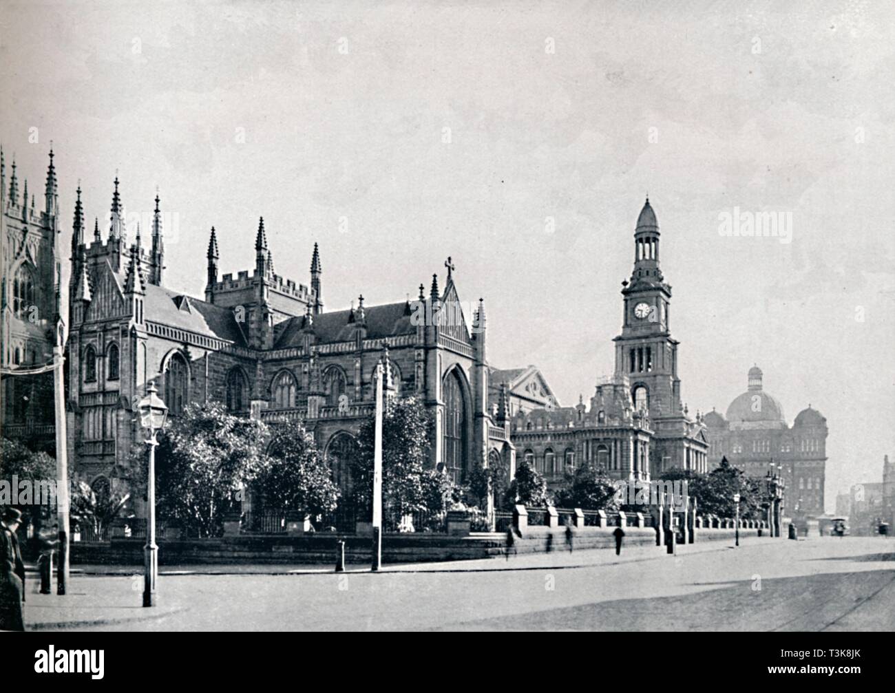 'St. Andrew's Cathedral, Sydney Town Hall, and Market Buildings, c1900. Creator: Unknown. Stock Photo