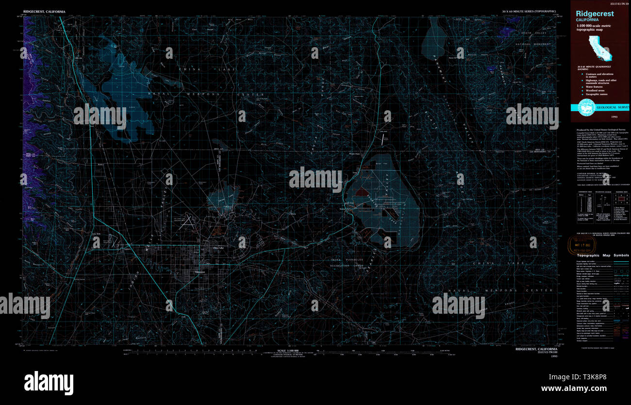 USGS TOPO Map California CA Ridgecrest 299156 1993 100000 Inverted Restoration Stock Photo