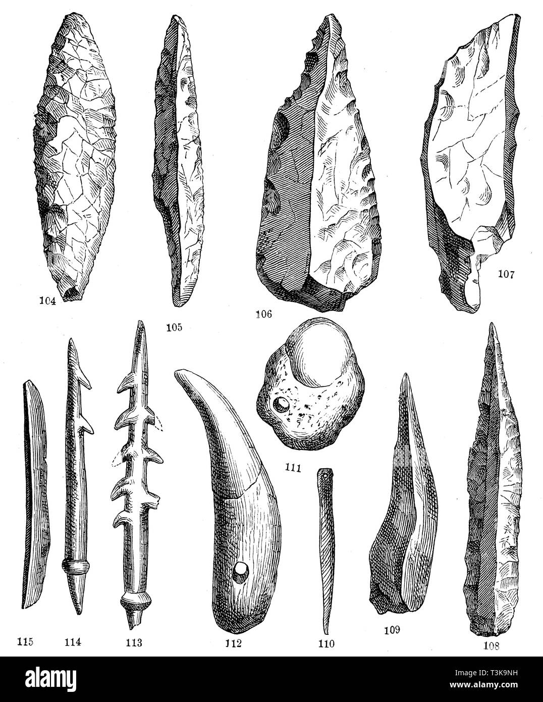 Weapons, objects made of stone and bone, as well as jewellery from the reindeer age. 104) Stone spearhead from the cave of Laugerie Basse. 105) Flint knife. 106) Stone axe. 107) Scraper blade made of stone. 108) Stone knife. 109) Drill to make the needle holes from the Eyzies Grotto. 110) Needle from leg for sewing. 111, 112) Jewellery. Ear bone of a horse and tooth of a wolf. 113-114) Throwing spear from bone. 115) A small stone saw from the refuge of Bruniquel.,   1874 Stock Photo