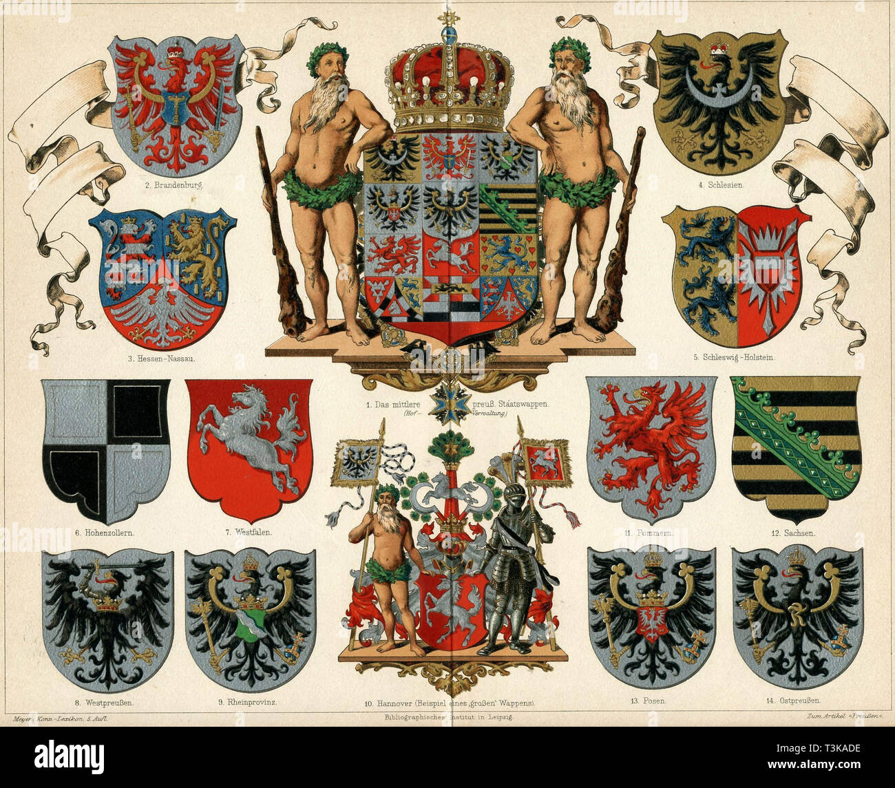 Coat of arms of the Kingdom of Prussia and provinces (Meyers Großes Konversations-Lexikon), 1883. Creator: Anonymous. Stock Photo