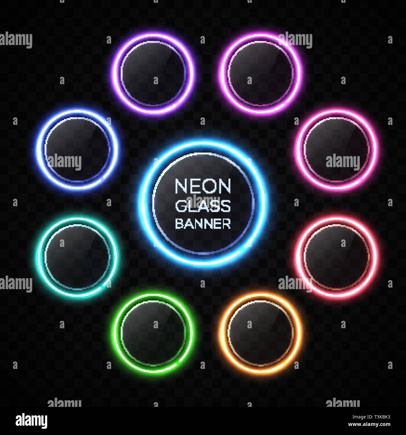 Light circle neon buttons set glass texture banner Stock Vector
