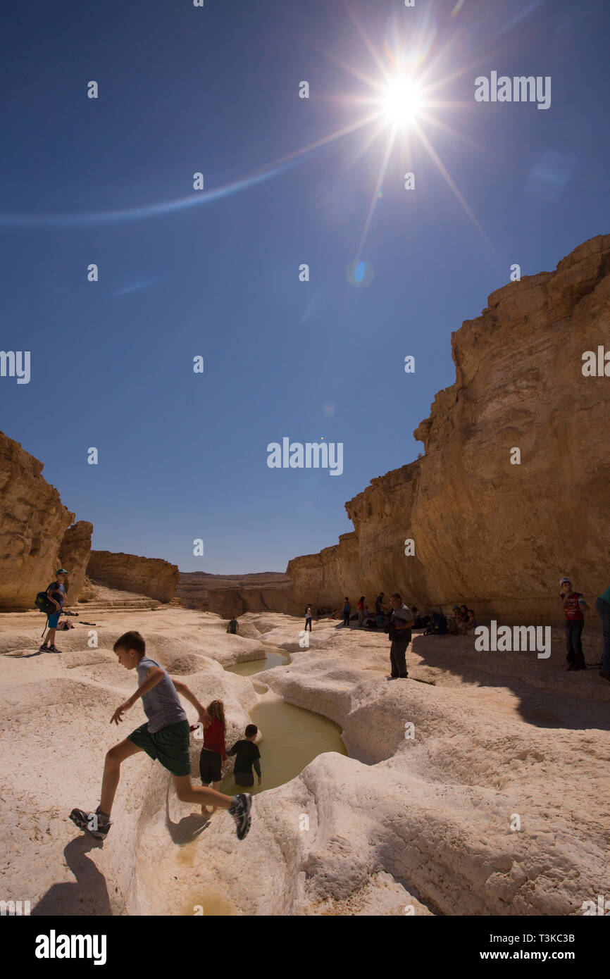 Hiking in Nahal Peres (Peres Stream), Negev Desert, Israel Stock Photo