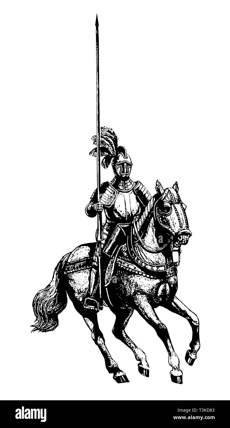 Armoured knight illustration. Mounted knight isolated black and white drawing. Stock Photo