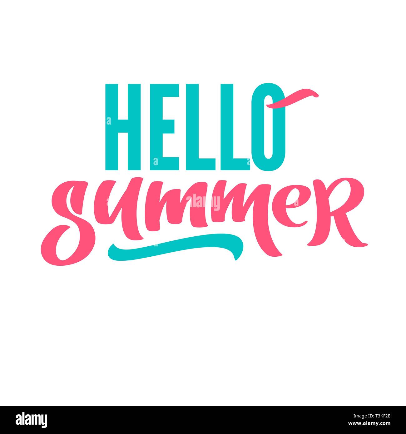 Hello summer bright hand writing, lettering, calligraphy, typography. Print for T-shirt. Graphic design vector element in two color isolated on white Stock Vector