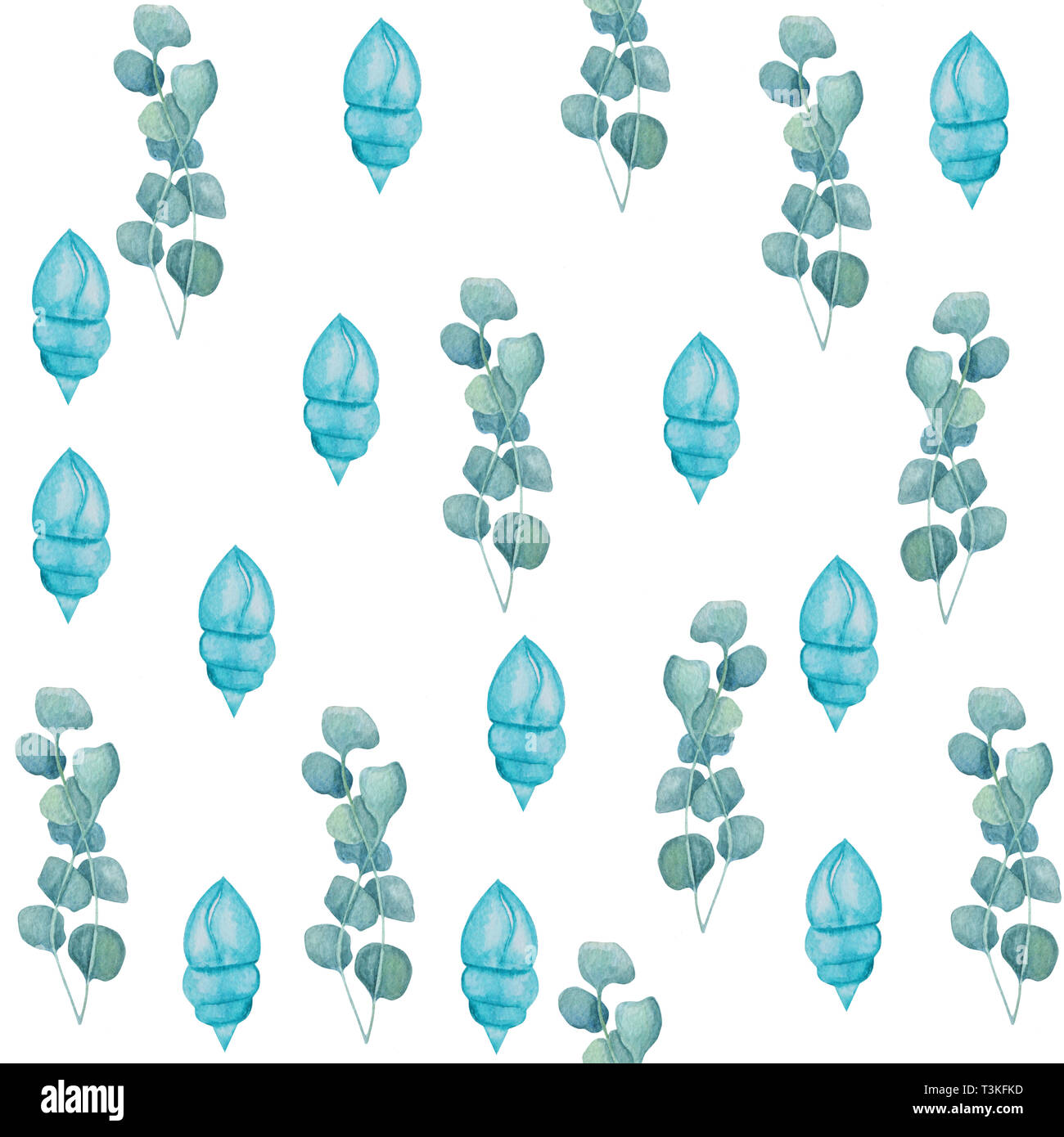 Watercolor pattern of seashells and seaweed on a white background. Sea ...